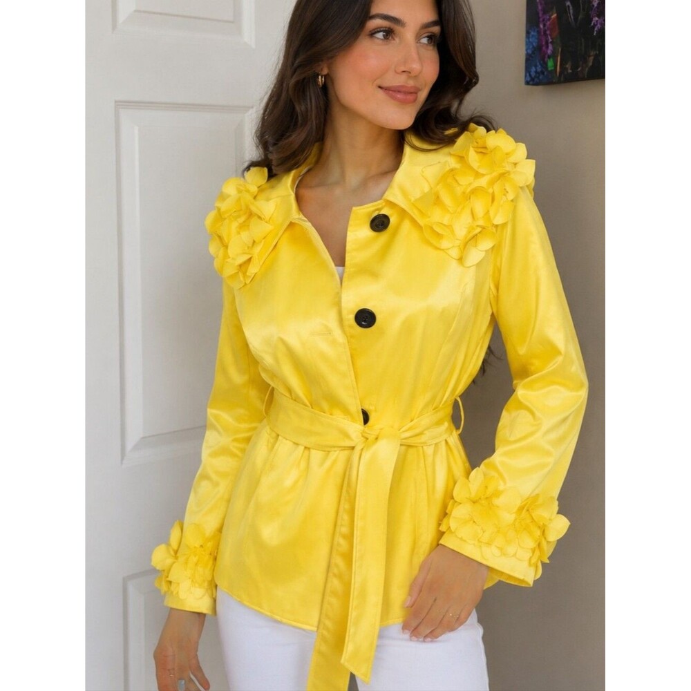 Multiples NWT 3/4 Sleeve Yellow Short Trench, Ruffles Buttons Tie Belt, S